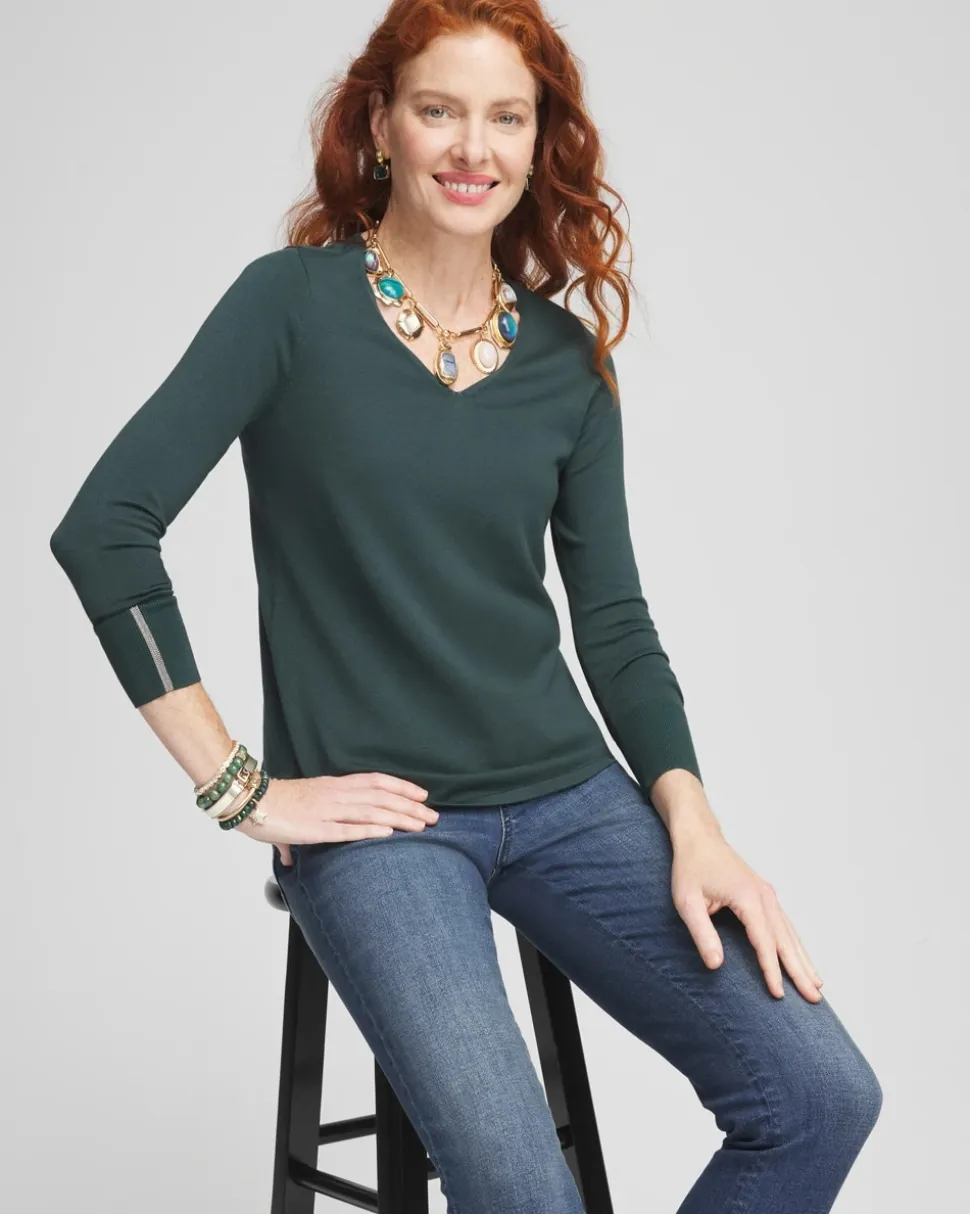 Caviar Trim V-Neck Pullover Sweater