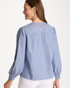 Chambray Lace Tie-Front Blouse
