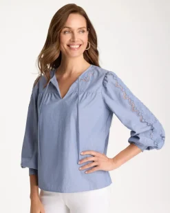 Chambray Lace Tie-Front Blouse