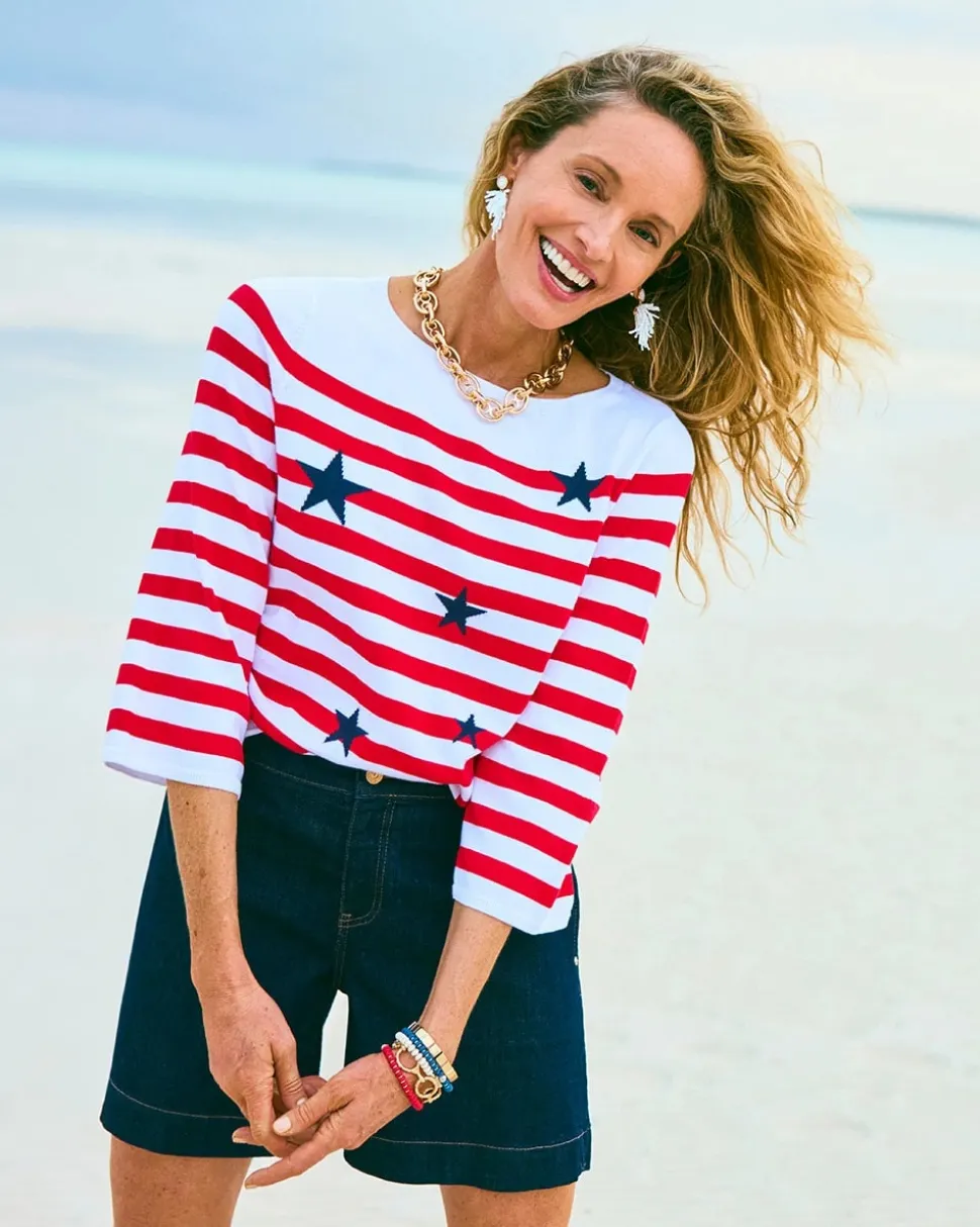 Cotton-Blend Americana Striped Intarsia Sweater