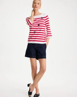 Cotton-Blend Americana Striped Intarsia Sweater