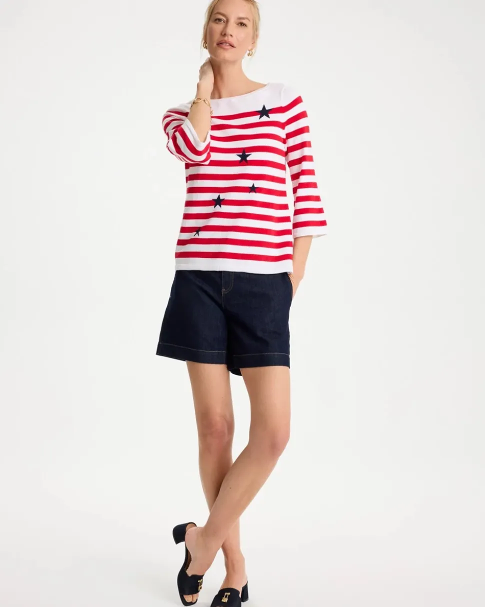 Cotton-Blend Americana Striped Intarsia Sweater