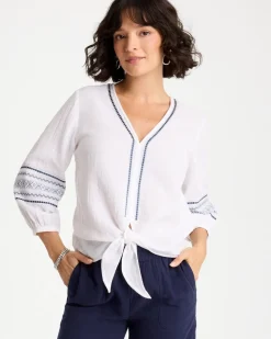 Cotton Gauze Embroidered Tie-Front Blouse
