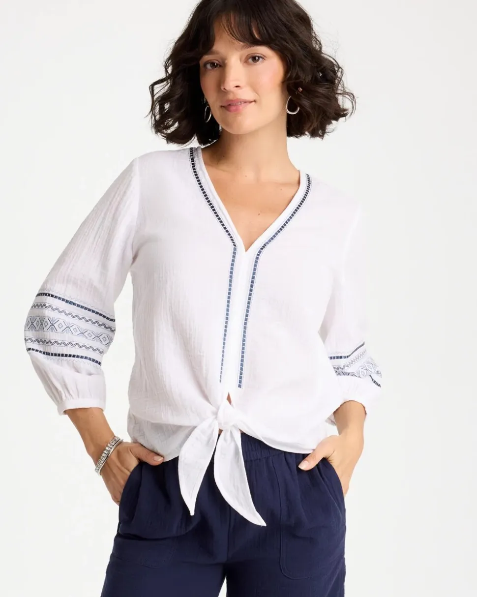 Cotton Gauze Embroidered Tie-Front Blouse