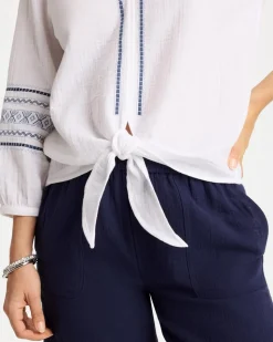 Cotton Gauze Embroidered Tie-Front Blouse