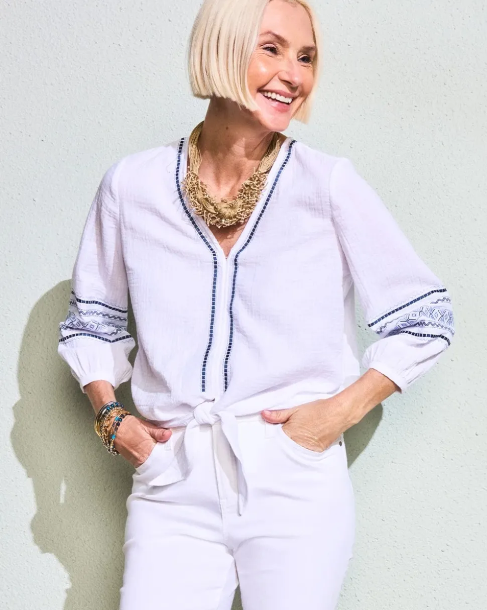 Cotton Gauze Embroidered Tie-Front Blouse