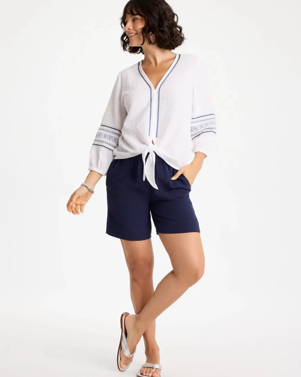 Cotton Gauze Embroidered Tie-Front Blouse