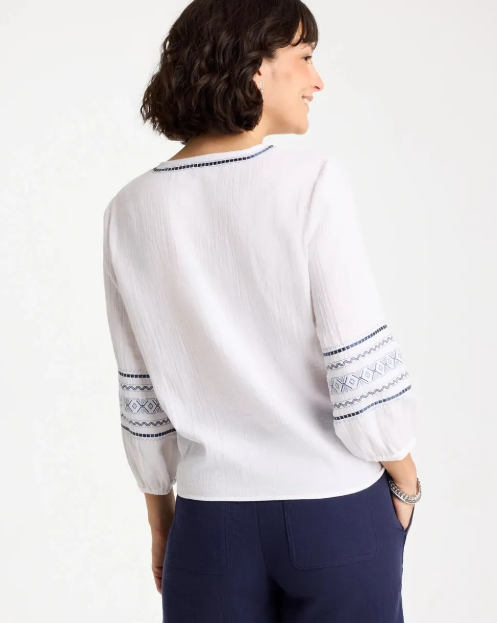 Cotton Gauze Embroidered Tie-Front Blouse
