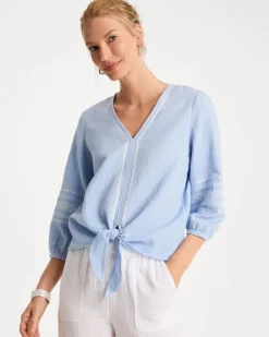 Cotton Gauze Tie-Front Blouse