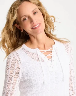 Cotton-Linen Lace Notch-Neck Sweater