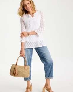 Cotton-Linen Lace Notch-Neck Sweater