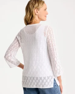 Cotton-Linen Lace Notch-Neck Sweater