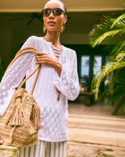 Cotton-Linen Lace Notch-Neck Sweater