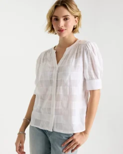 Cotton Plaid Elbow-Sleeve Shirt