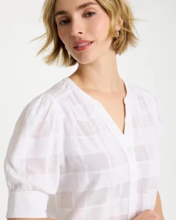 Cotton Plaid Elbow-Sleeve Shirt