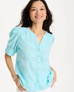 Cotton Plaid Elbow-Sleeve Shirt