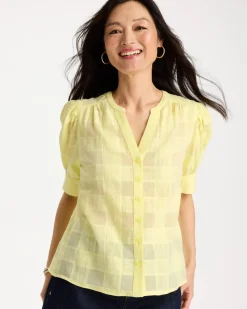 Cotton Plaid Elbow-Sleeve Shirt