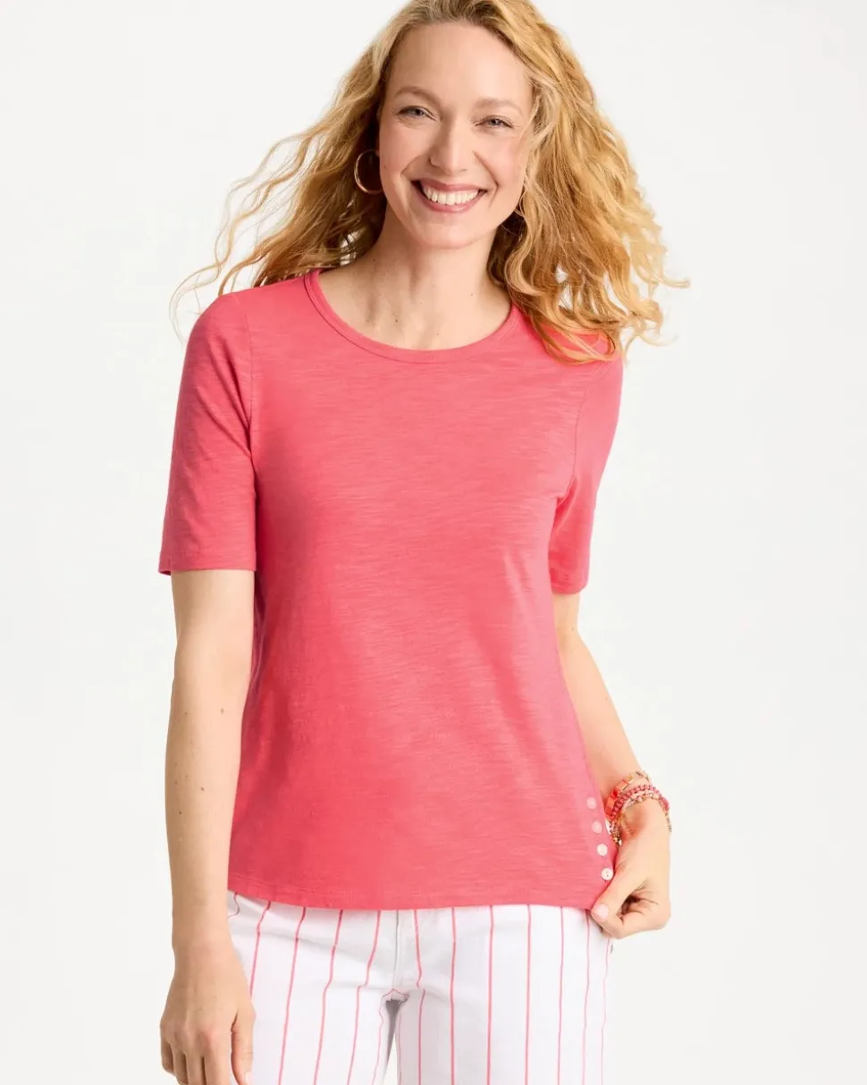 Cotton Slub Crewneck Button Tee