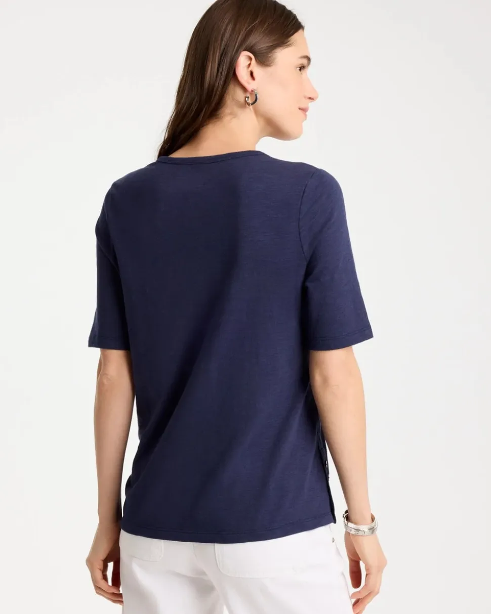 Cotton Slub Crewneck Button Tee