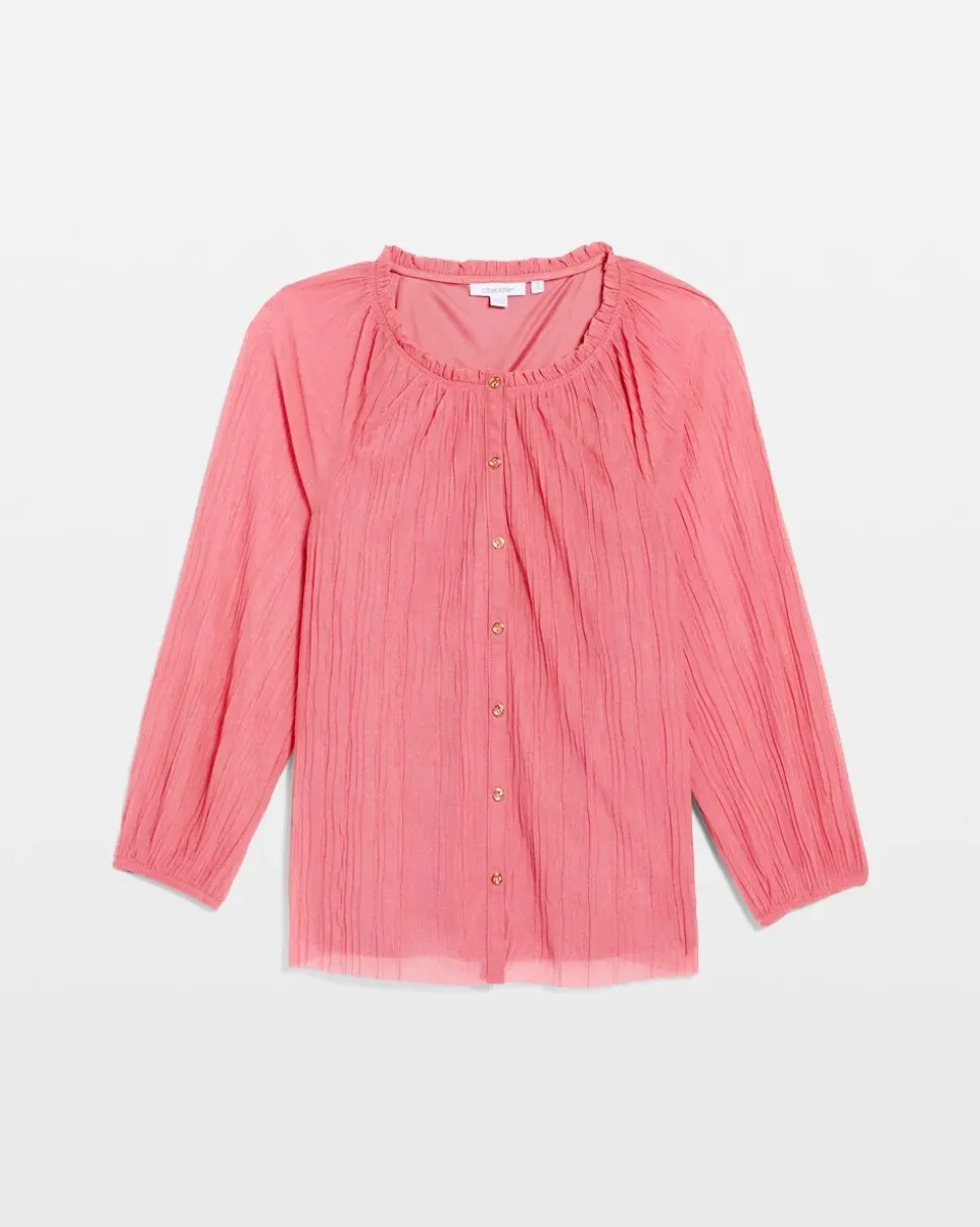 Crinkle Mesh Ruffle Neck Top