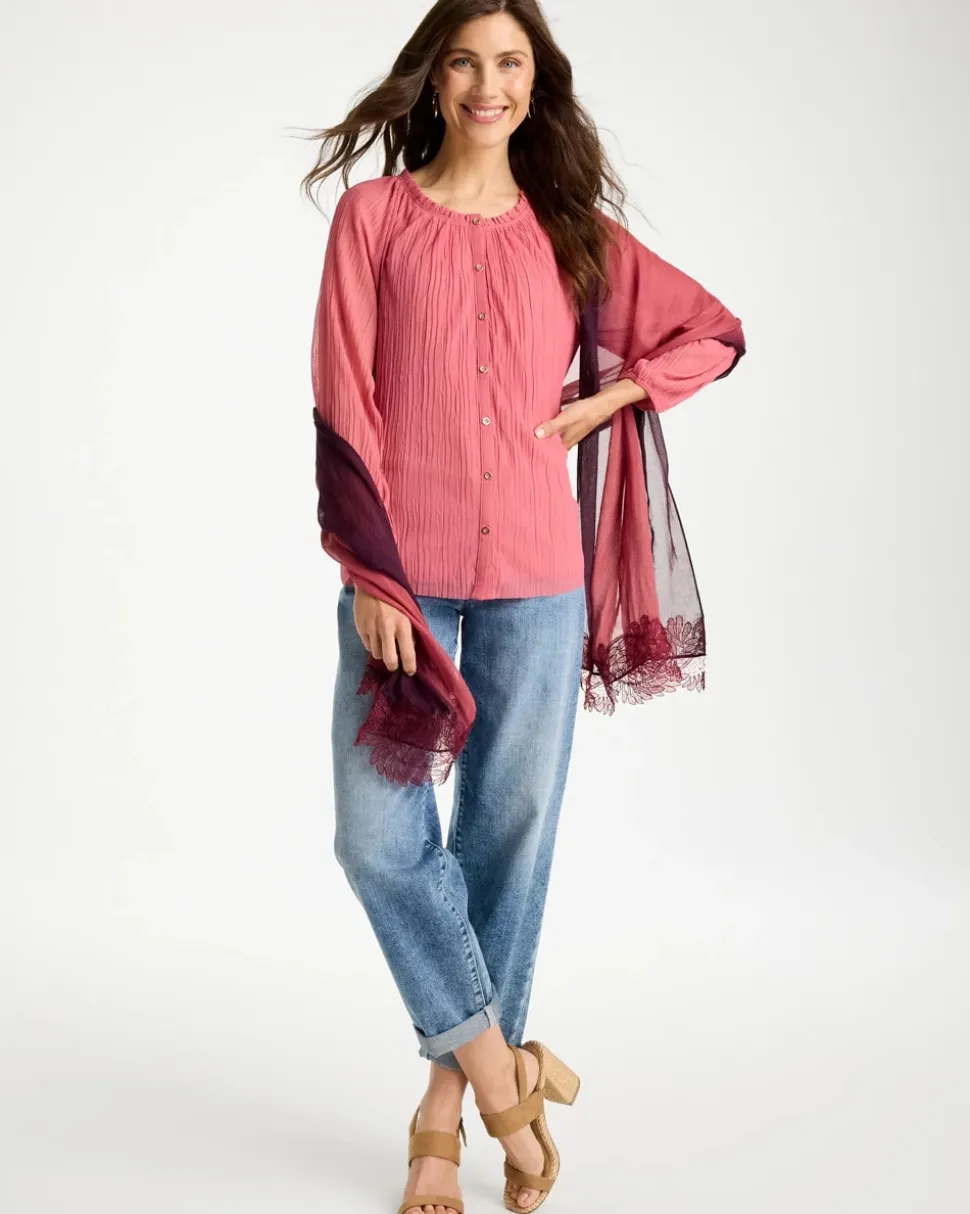 Crinkle Mesh Ruffle Neck Top