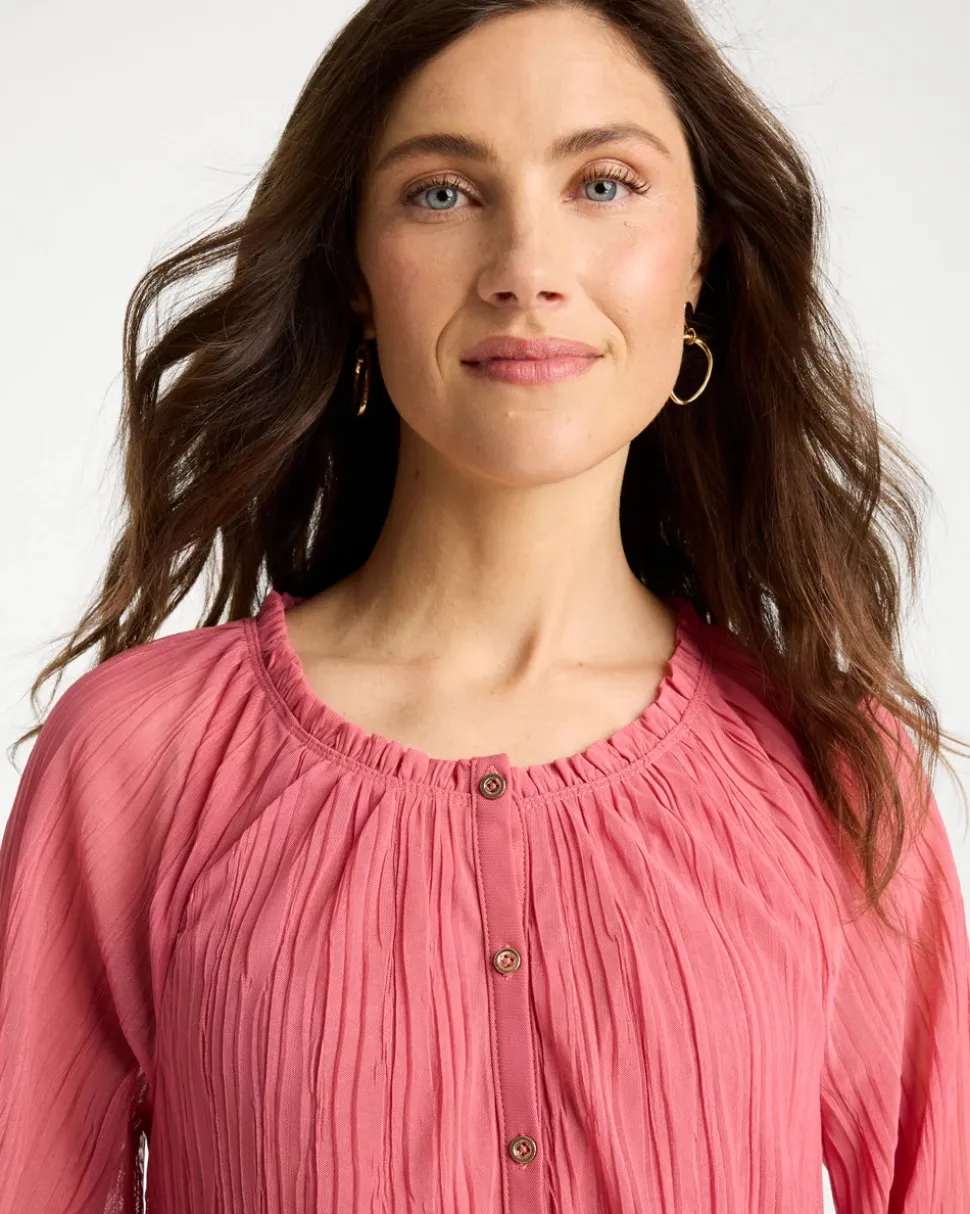 Crinkle Mesh Ruffle Neck Top