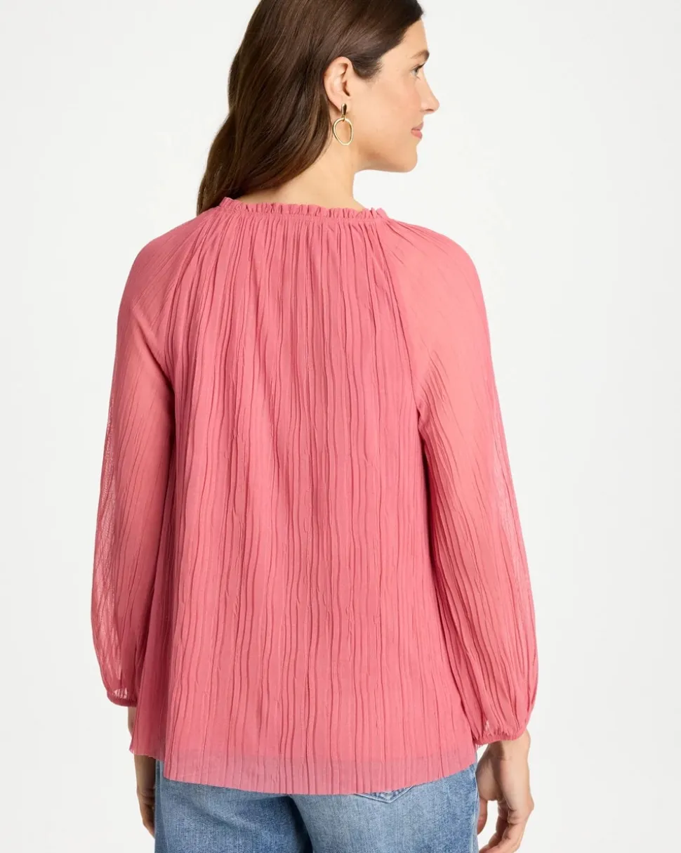Crinkle Mesh Ruffle Neck Top