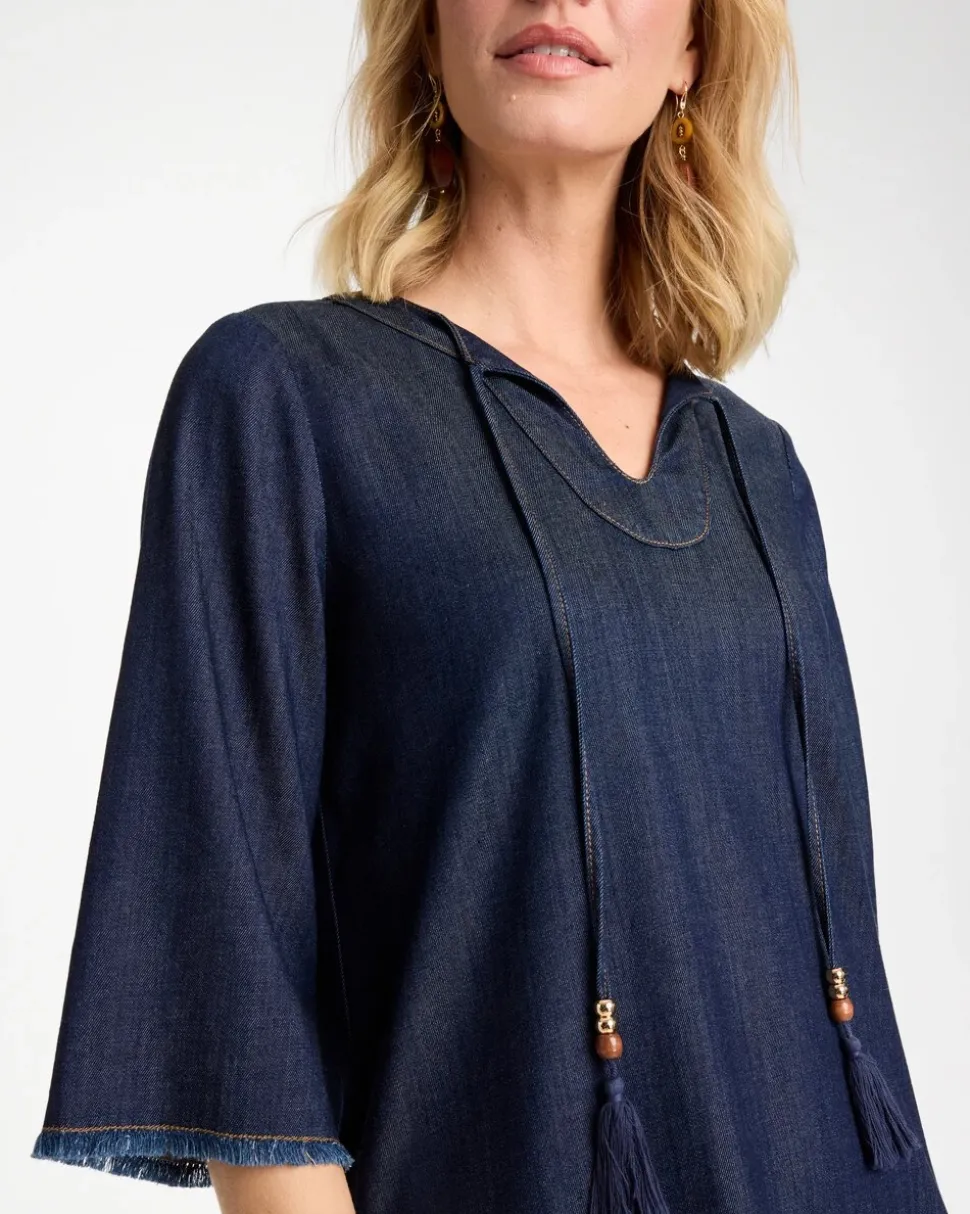 Denim Frayed Knee-Length Dress