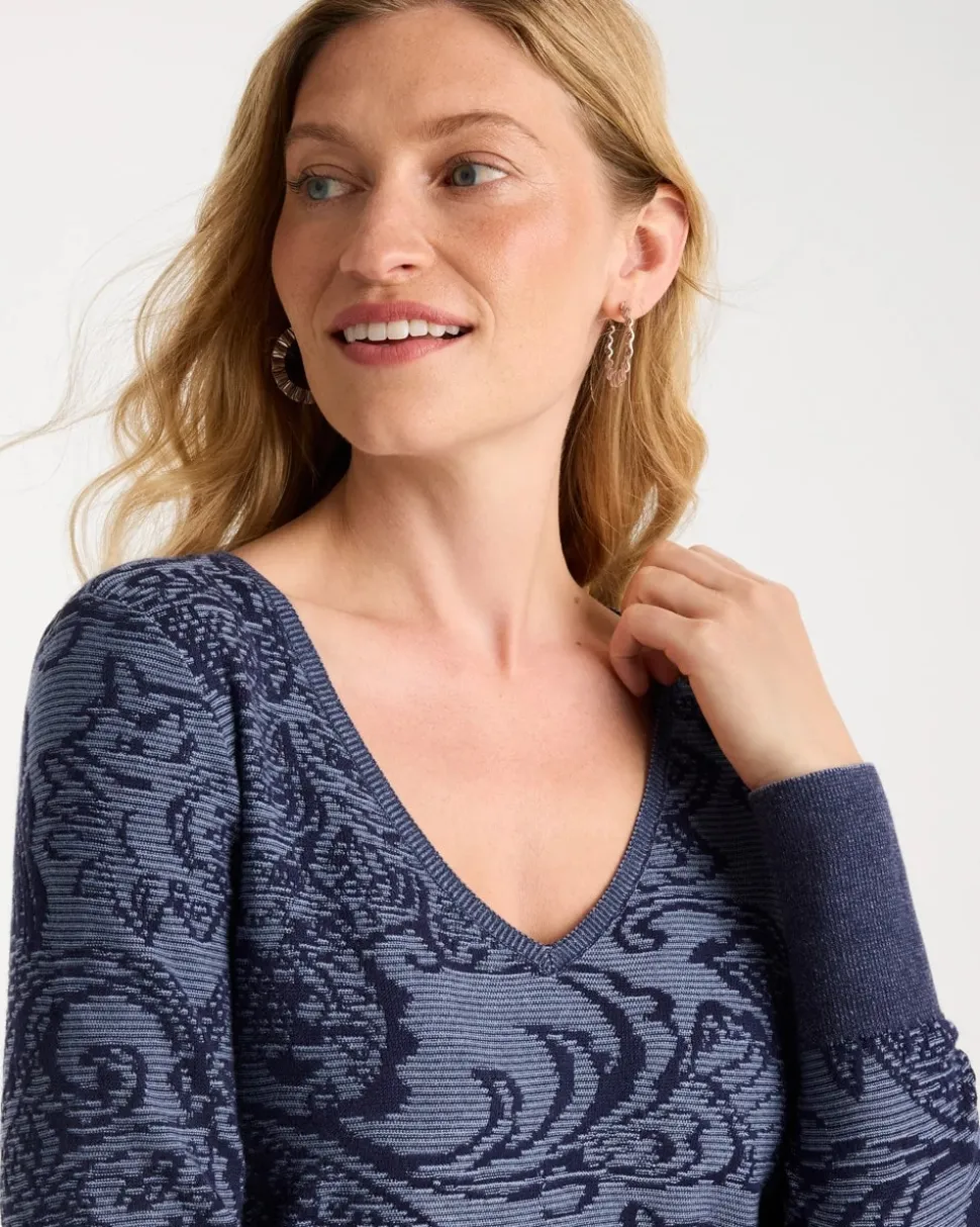 Ella Jacquard V-Neck Pullover Sweater