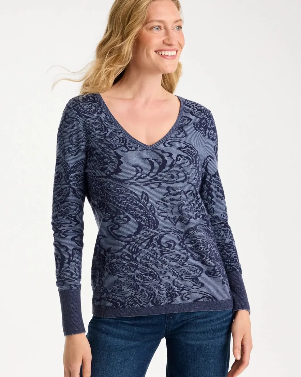 Ella Jacquard V-Neck Pullover Sweater