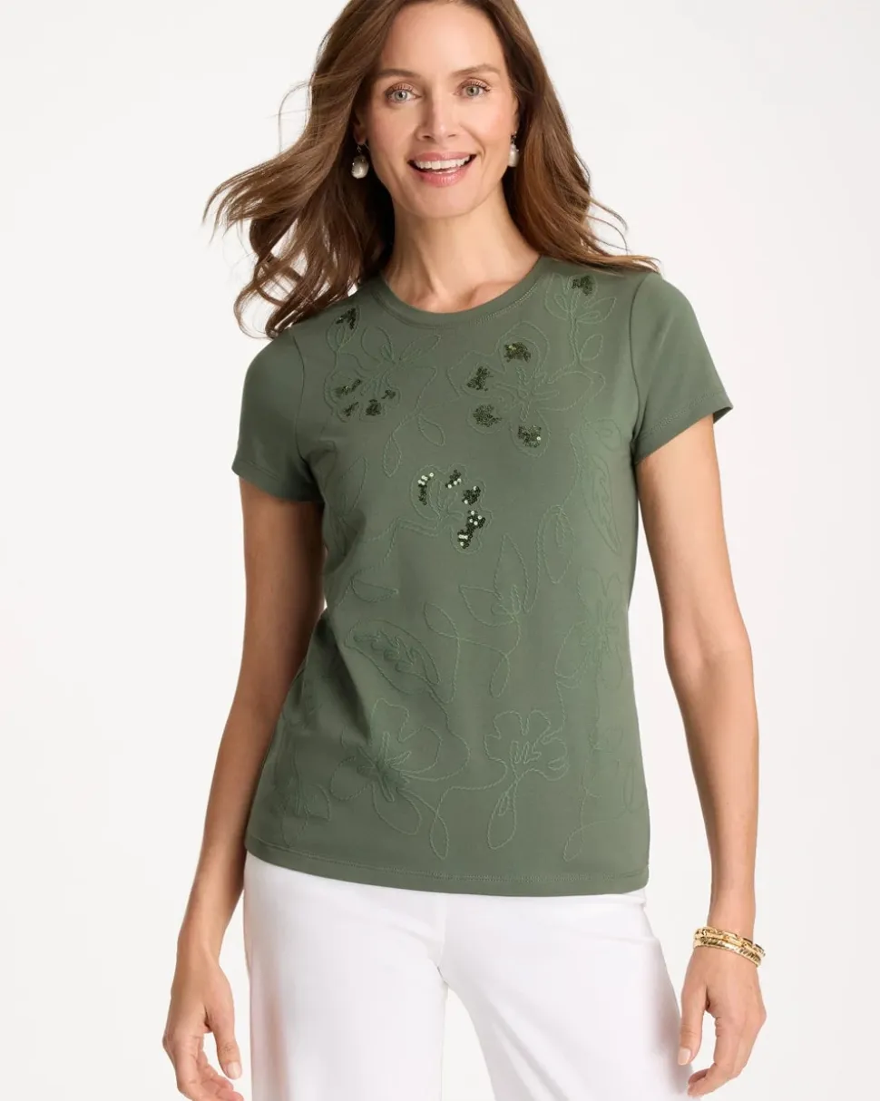 Embellished Cotton Stretch Cap-Sleeve Tee