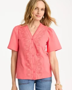 Embroidered Button-Front Tee