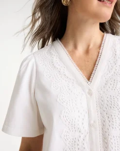 Embroidered Button-Front Tee