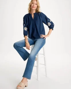 Embroidered Denim Henley Tee