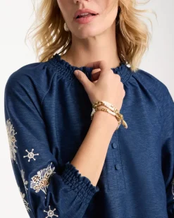 Embroidered Denim Henley Tee