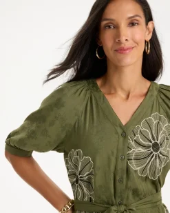 Embroidered Jacquard Belted Dress