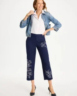 Embroidered Linen Fly Front Pants