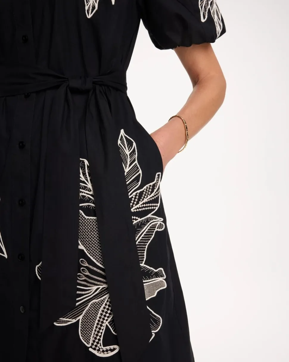 Embroidered Poplin Cotton Belted Dress