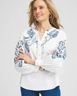 Embroidered Poplin Splitneck Shirt