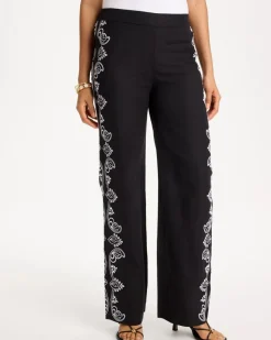 Embroidered Pull-On Wide-Leg Linen Pants