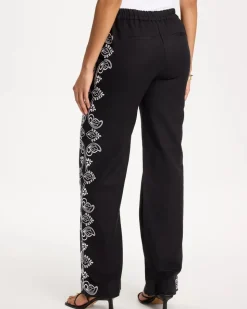 Embroidered Pull-On Wide-Leg Linen Pants
