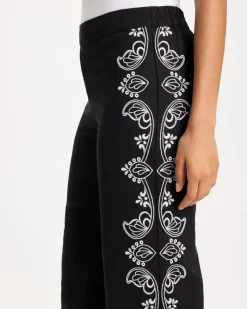 Embroidered Pull-On Wide-Leg Linen Pants