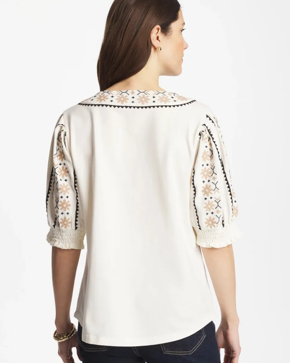 Embroidered Smocked-Sleeve Tee