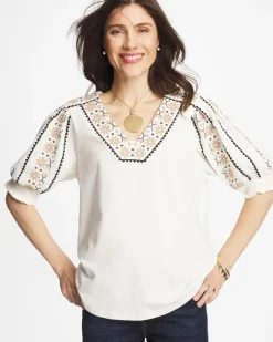 Embroidered Smocked-Sleeve Tee