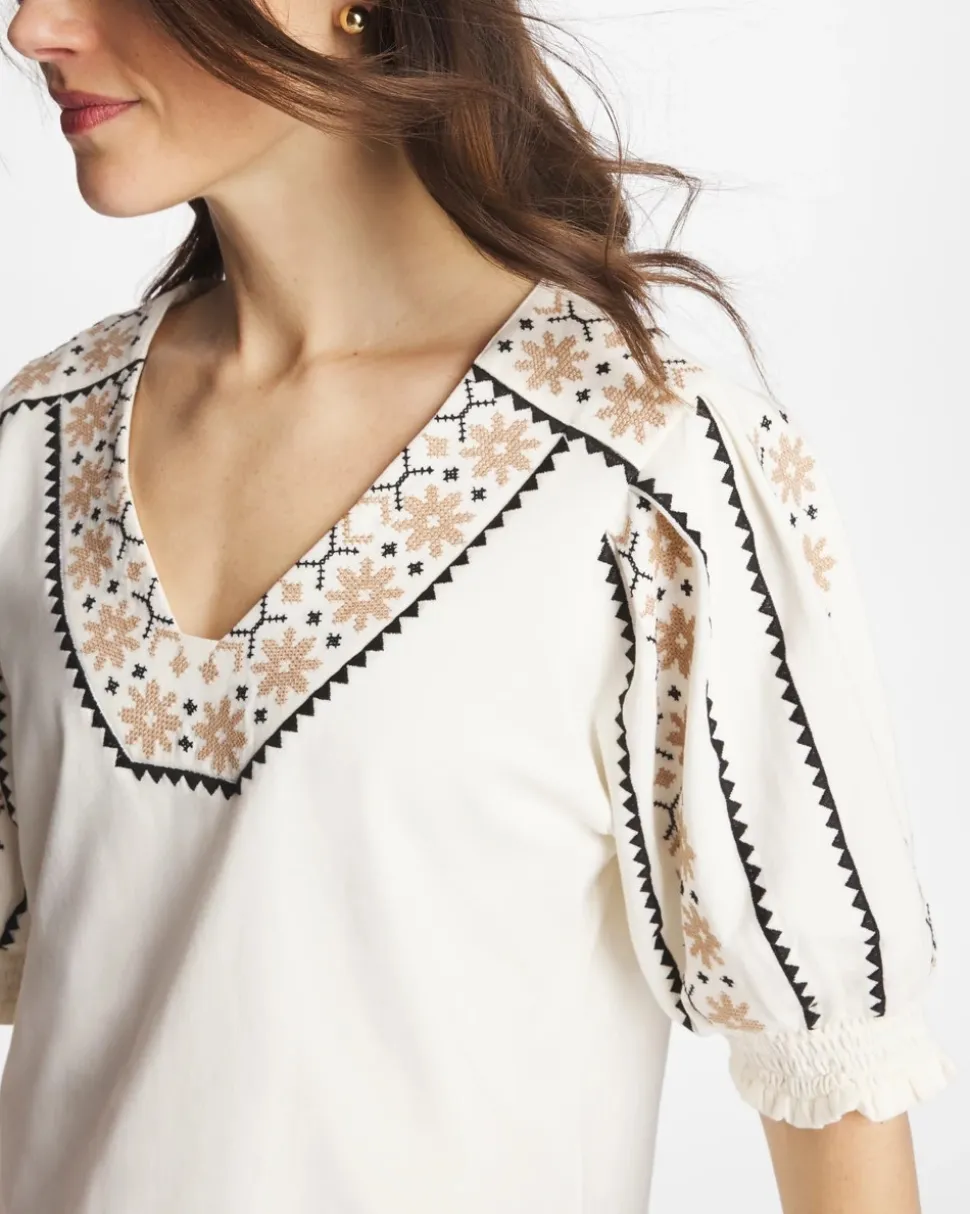 Embroidered Smocked-Sleeve Tee