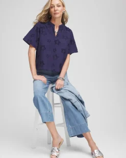 Embroidered Star Split Neck Blouse