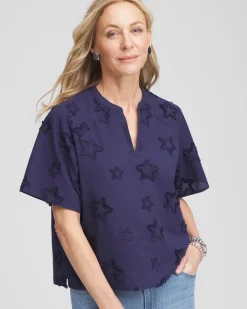 Embroidered Star Split Neck Blouse