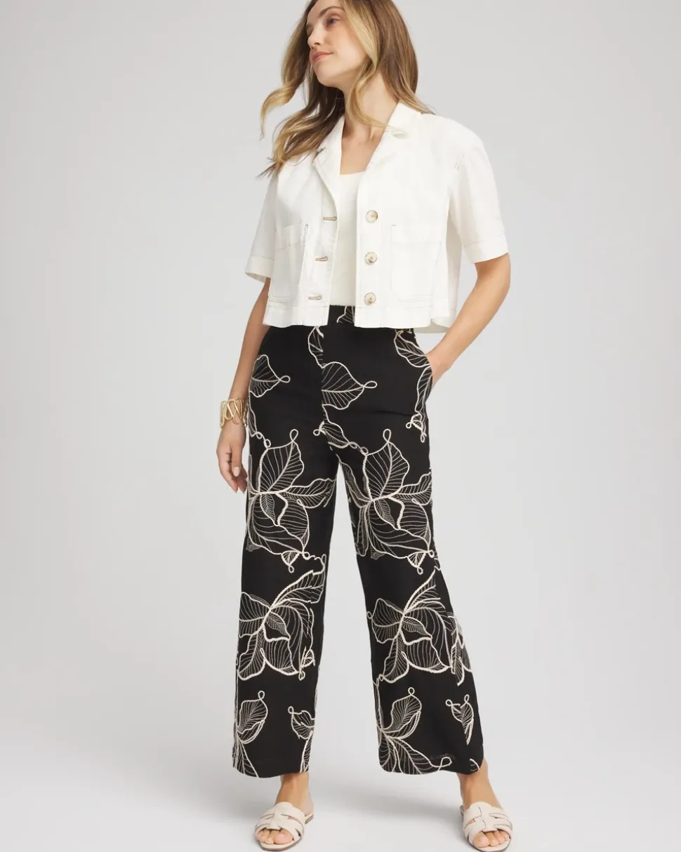 Embroidered Wide-Leg Cropped Pants