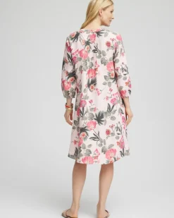 Floral Linen Pintuck 3/4 Sleeved Dress