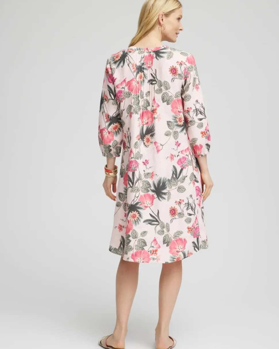 Floral Linen Pintuck 3/4 Sleeved Dress